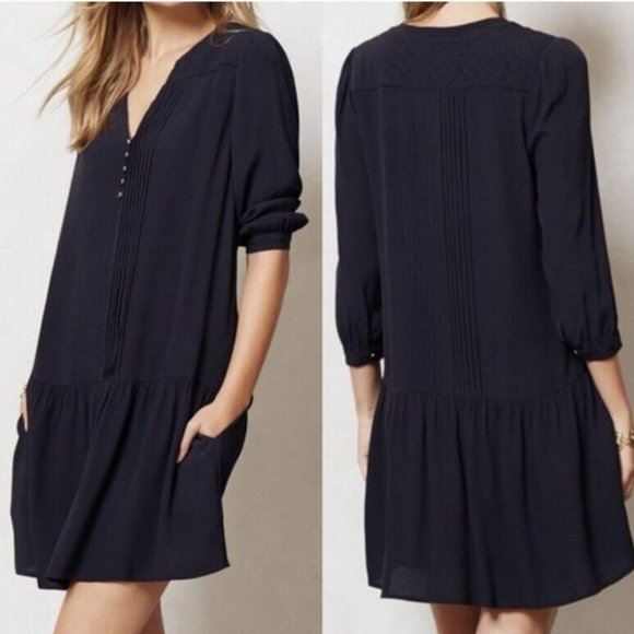 Anthropologie X Maeve Galina Blue Pintuck Quilted Drop Waist Dress | Size S - Picture 2 of 13